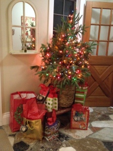 Entry way Vignette with Wagon, Tree and Gifts